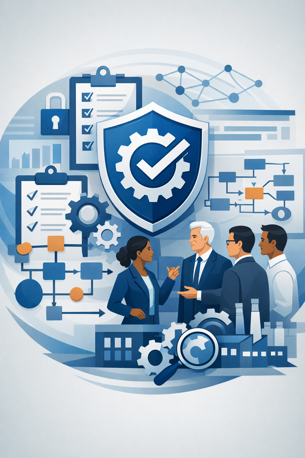Digital illustration of a shield with checkmark, gears, process flow diagrams, and diverse consultants representing an ISO 9001 quality management system structure.