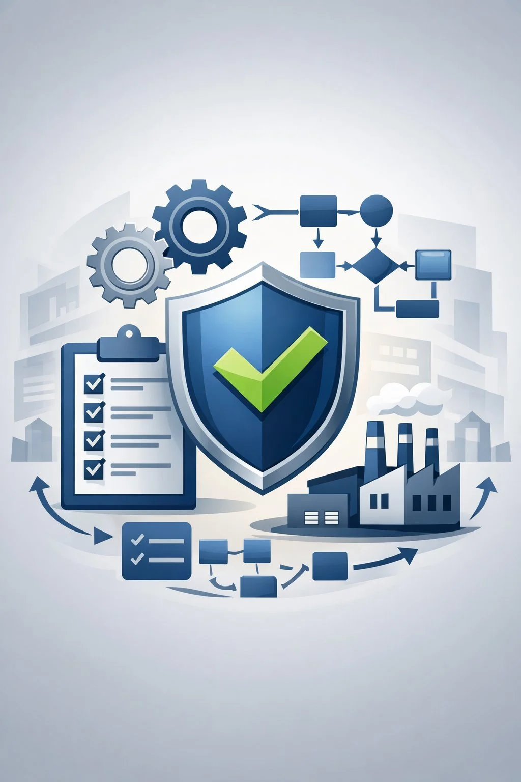 Digital illustration of a shield with checkmark, process flow diagrams, gears, clipboard, and factory representing ISO 9001 certified quality management systems.