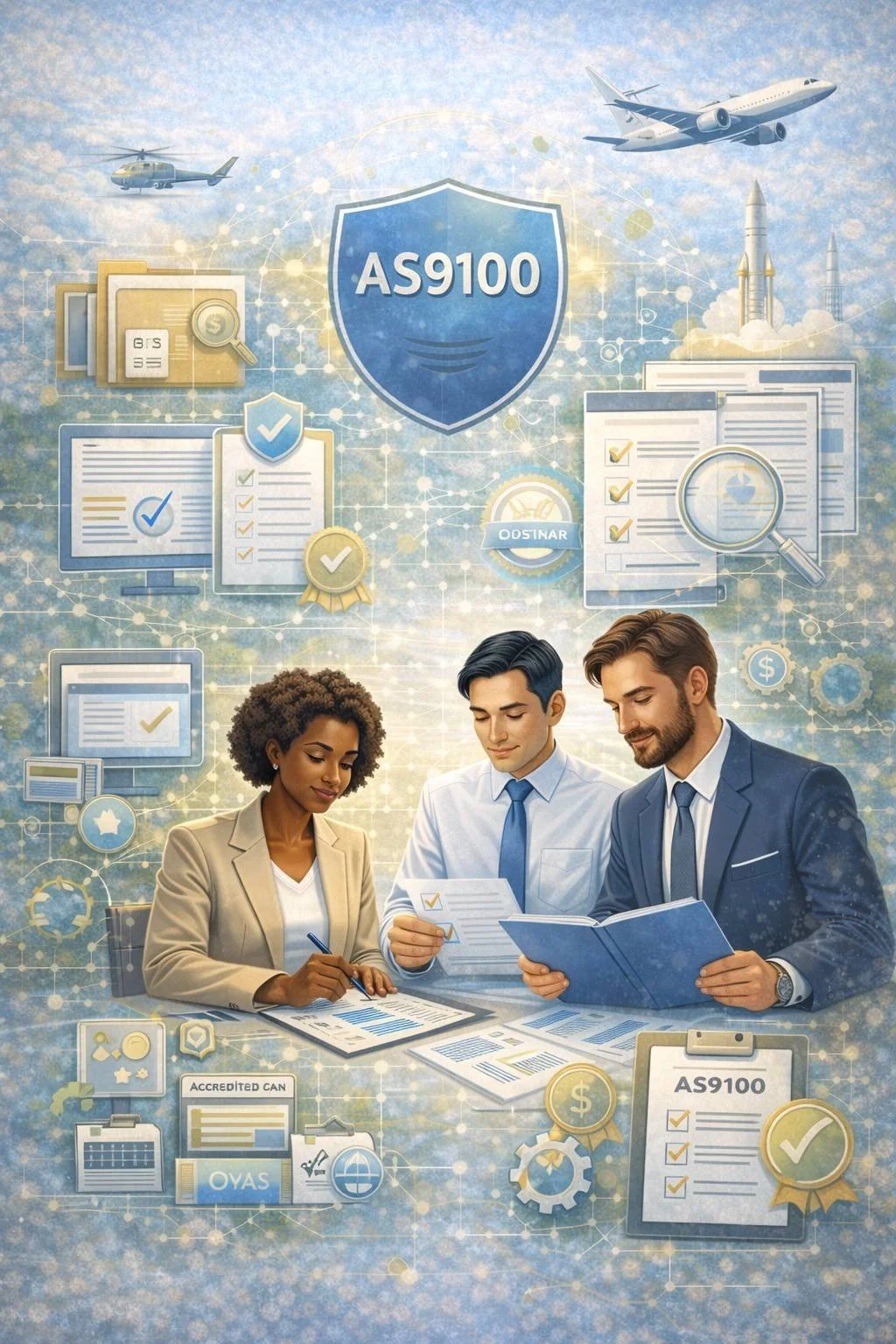 Illustration of aerospace professionals reviewing AS9100 documentation with aircraft, rockets, audit checklists, accreditation symbols, and quality management icons representing AS9100 certification bodies and audit preparation.