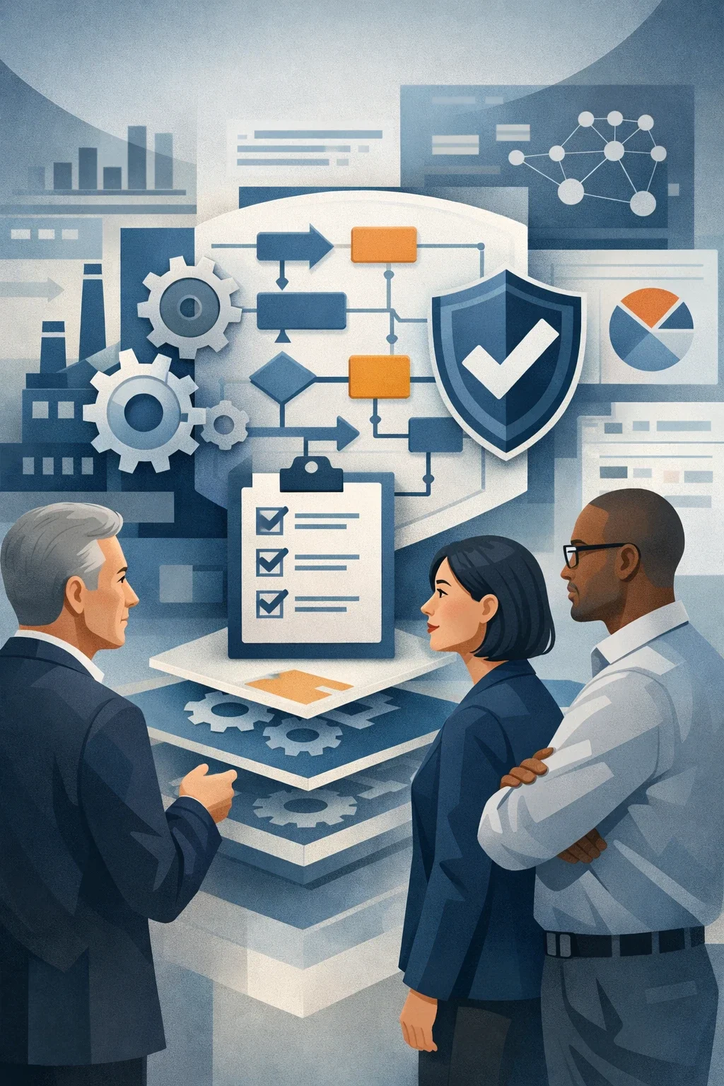 Digital illustration of cybersecurity consulting professionals analyzing structured systems, with shield, network controls, and process flow elements representing cybersecurity consulting firms and risk management.