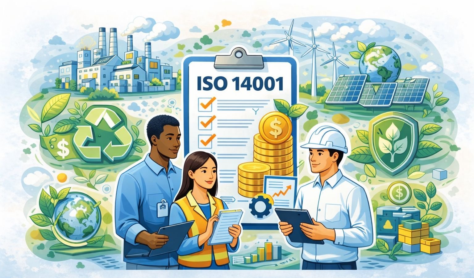 Environmental management team reviewing ISO 14001 compliance checklist at an industrial facility with factory, renewable energy, and sustainability symbols in the background.