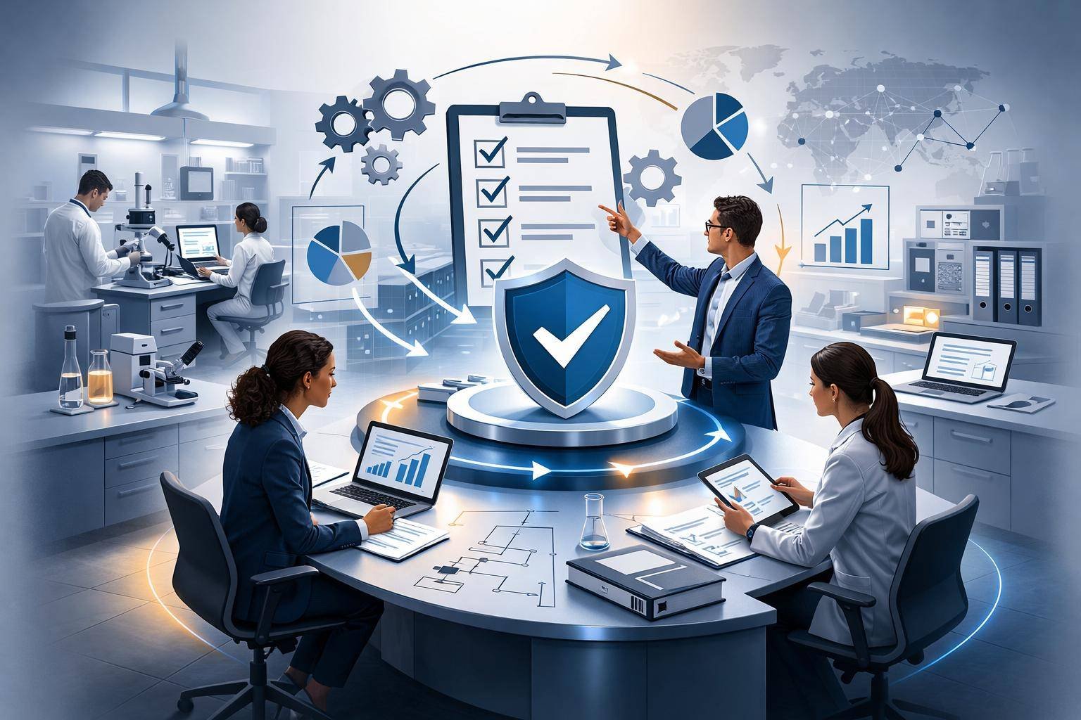 Digital illustration of laboratory professionals reviewing structured processes, shield validation symbol, and workflow diagrams representing ISO 17025 implementation services.