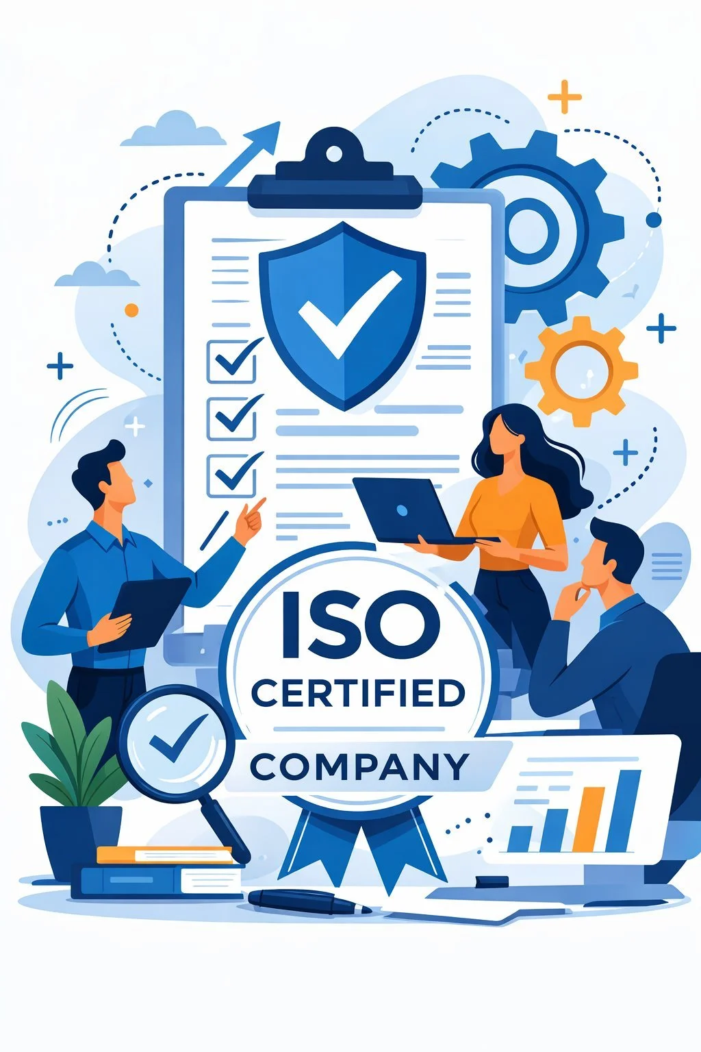 Flat vector illustration of a diverse professional team collaborating around a large certificate and shield with checkmarks, gears, charts, and process symbols representing structured management systems and an ISO certified company.