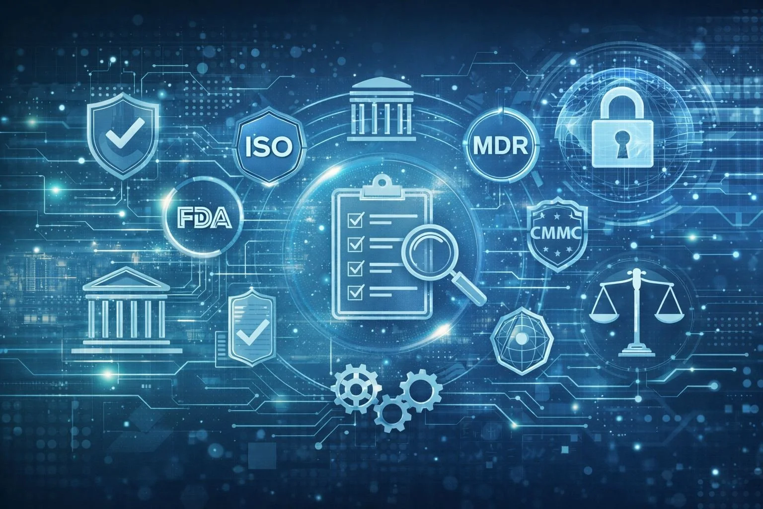 Abstract digital illustration showing interconnected compliance symbols including shield, scales of justice, gears, and secure network elements representing integrated management systems and regulatory consulting.