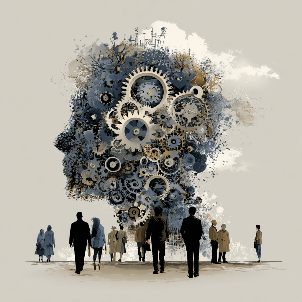 Digital illustration of interconnected gears and mechanical systems forming a structured framework with illustrated professionals observing the system below