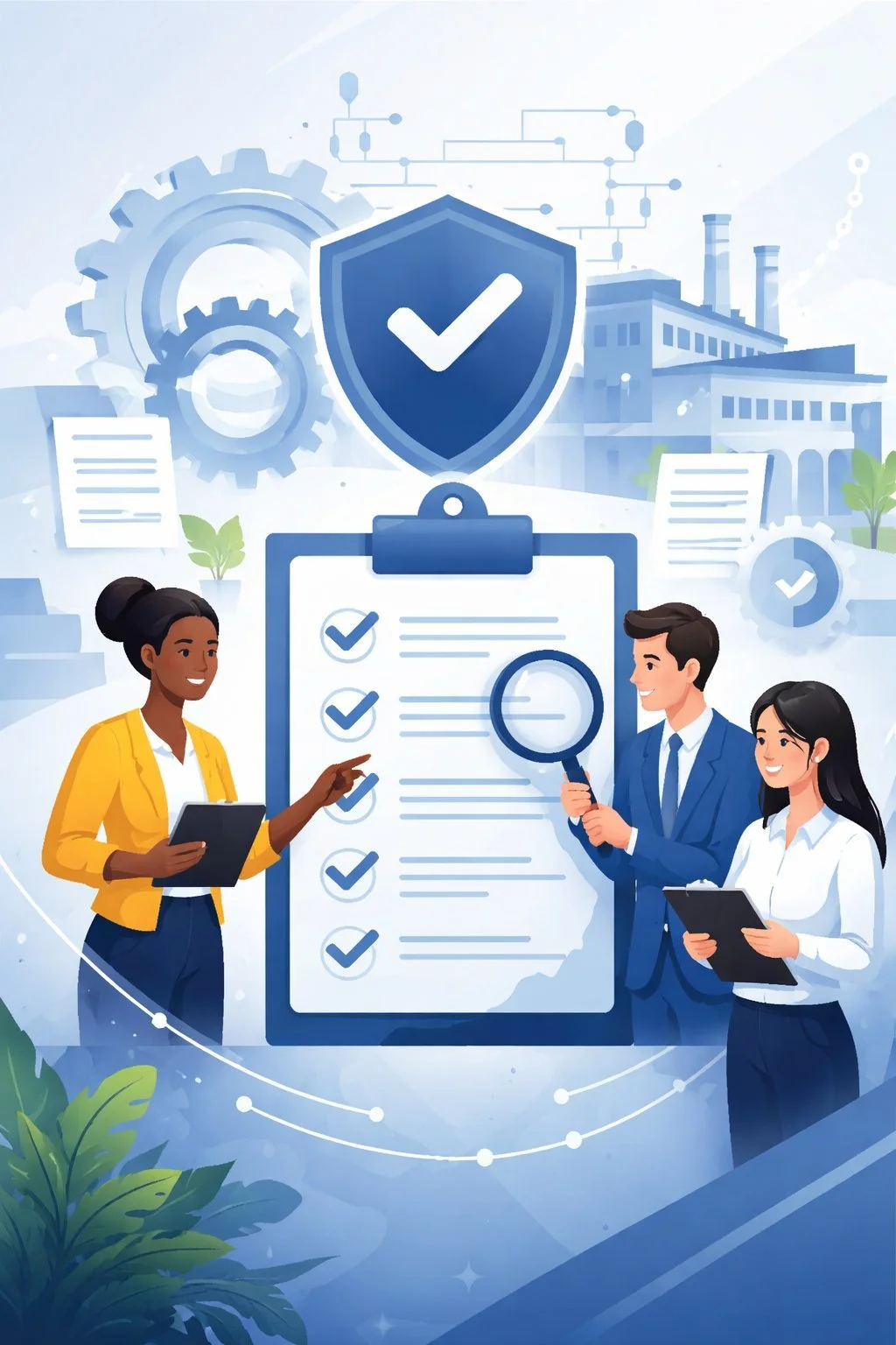 Professional illustrated scene of diverse business professionals reviewing a quality management checklist with shield and checkmark symbolism, representing how to get ISO 9001 certification and structured QMS implementation.