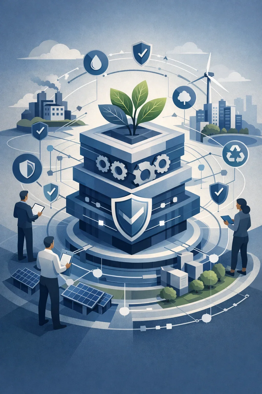 Structured corporate sustainability system with layered controls, interconnected processes, and environmental elements integrated into an operational framework