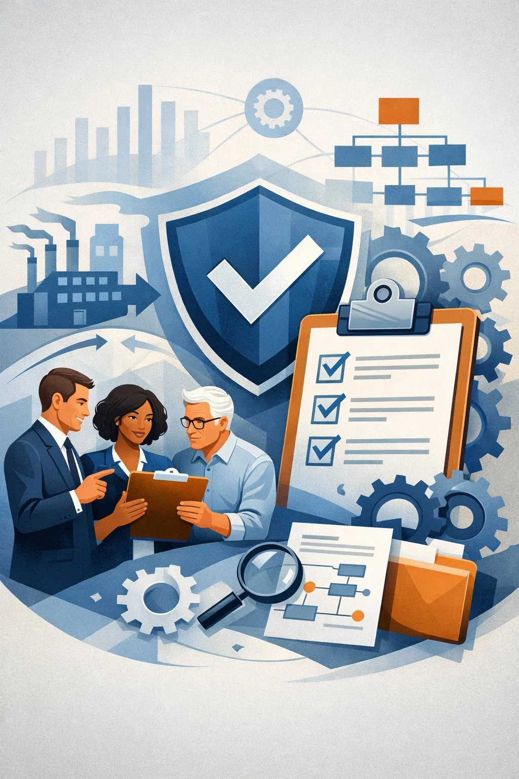 Digital illustration of professionals reviewing structured quality procedures with shield, gears, and process flows representing ISO 9001 required procedures.