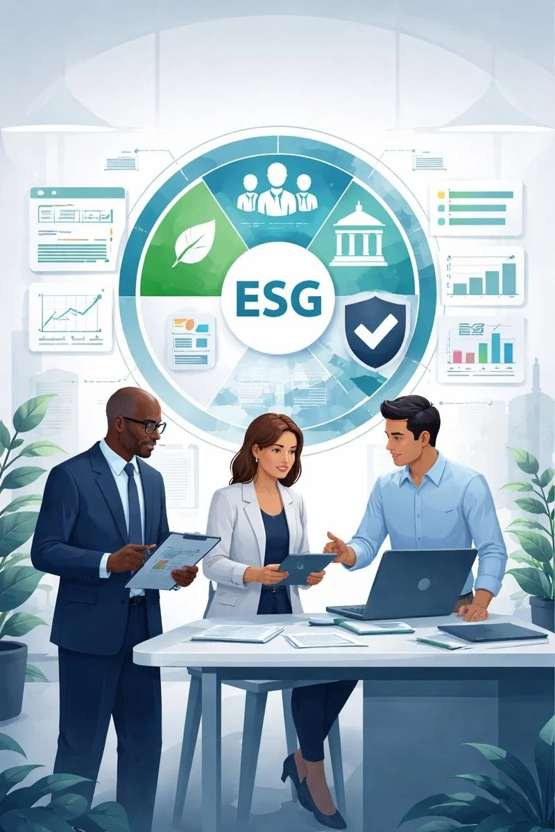 Digital illustration of diverse consultants analyzing structured sustainability governance systems representing ESG consulting services.