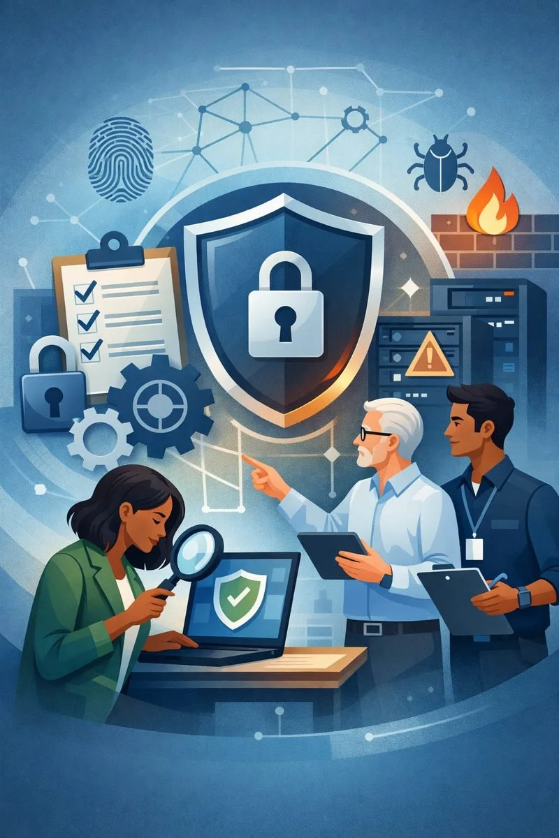 IT security audit service illustration showing diverse auditors reviewing cybersecurity controls with shield, lock, network nodes, servers, and compliance checklist symbols.