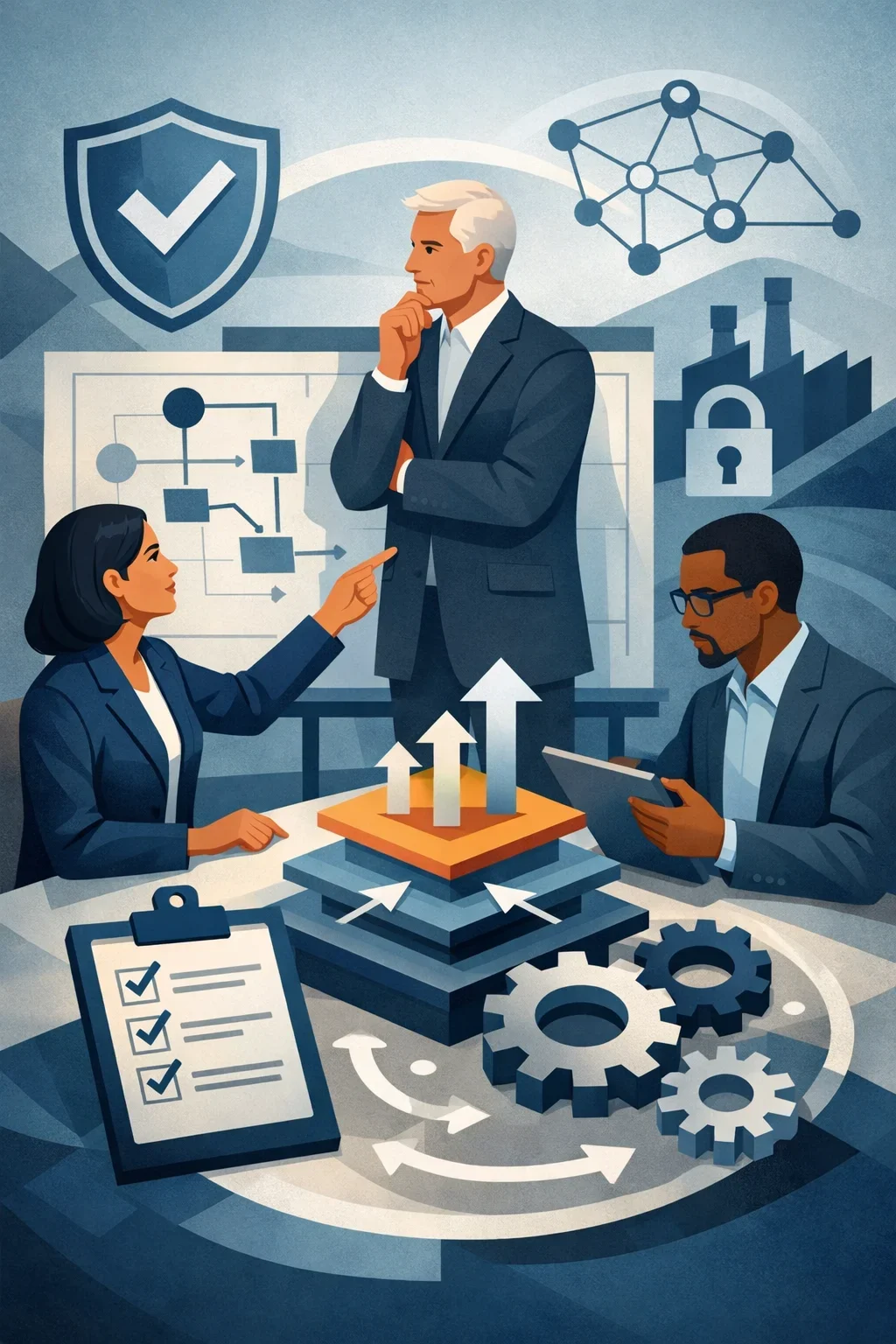 Digital illustration of professionals analyzing AI systems with layered controls, network nodes, and risk governance symbols representing AI risk management tools.