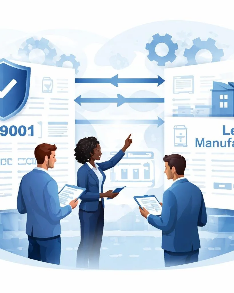Digital illustration of consultants analyzing structured process diagrams connecting quality management systems and manufacturing workflow efficiency.