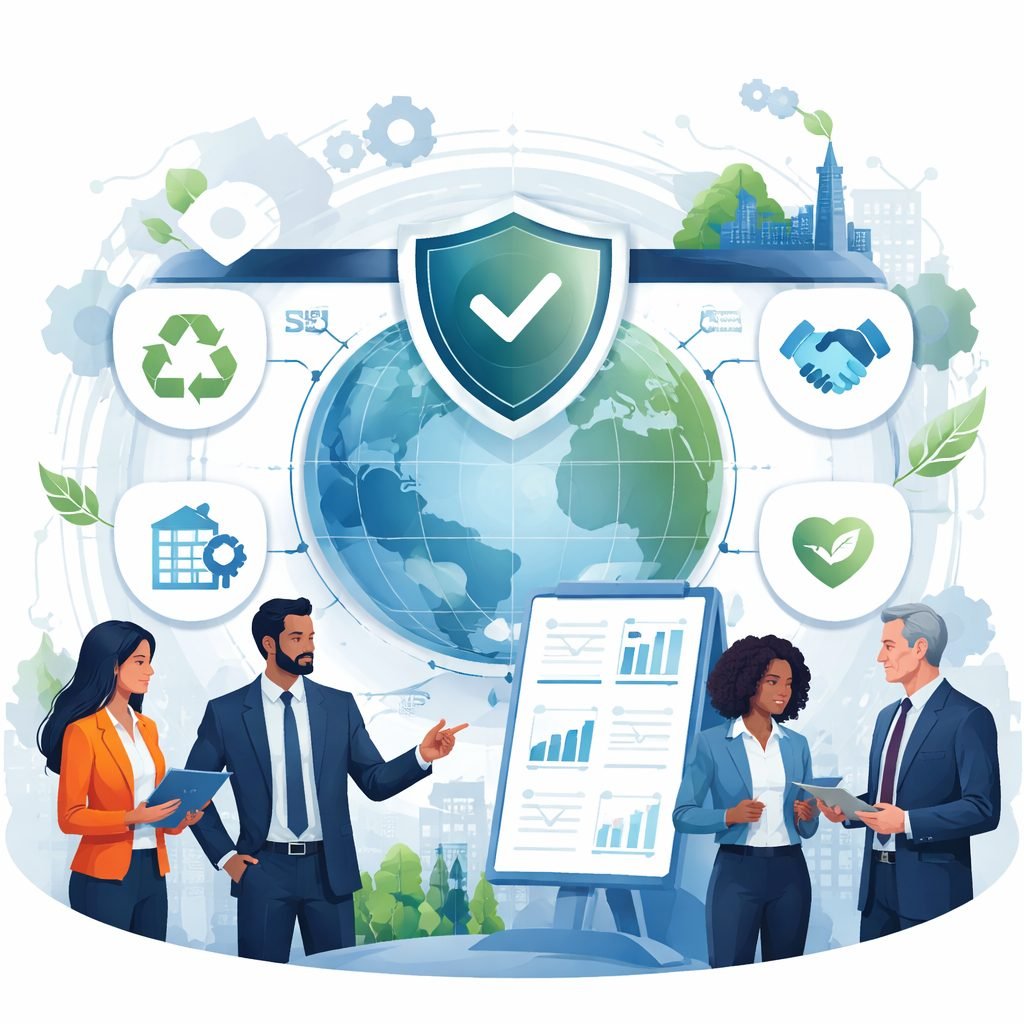 Digital illustration of diverse executives reviewing sustainability metrics beneath a shield and globe symbolizing Corporate Social Responsibility ISO governance structure.