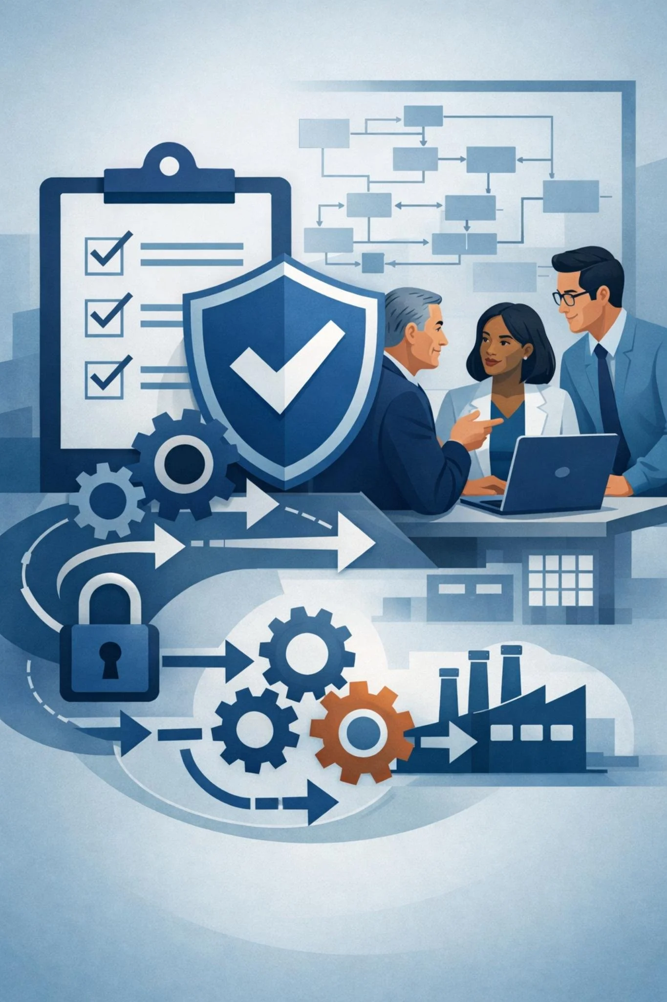 Digital illustration of consultants reviewing system diagrams with shield, lock, and process flow symbols representing ISO compliance consulting.