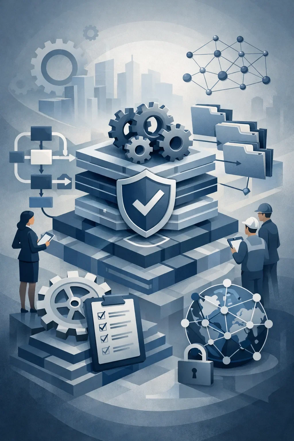 Structured digital illustration of layered system architecture with gears, controls, and process flows representing management system implementation.