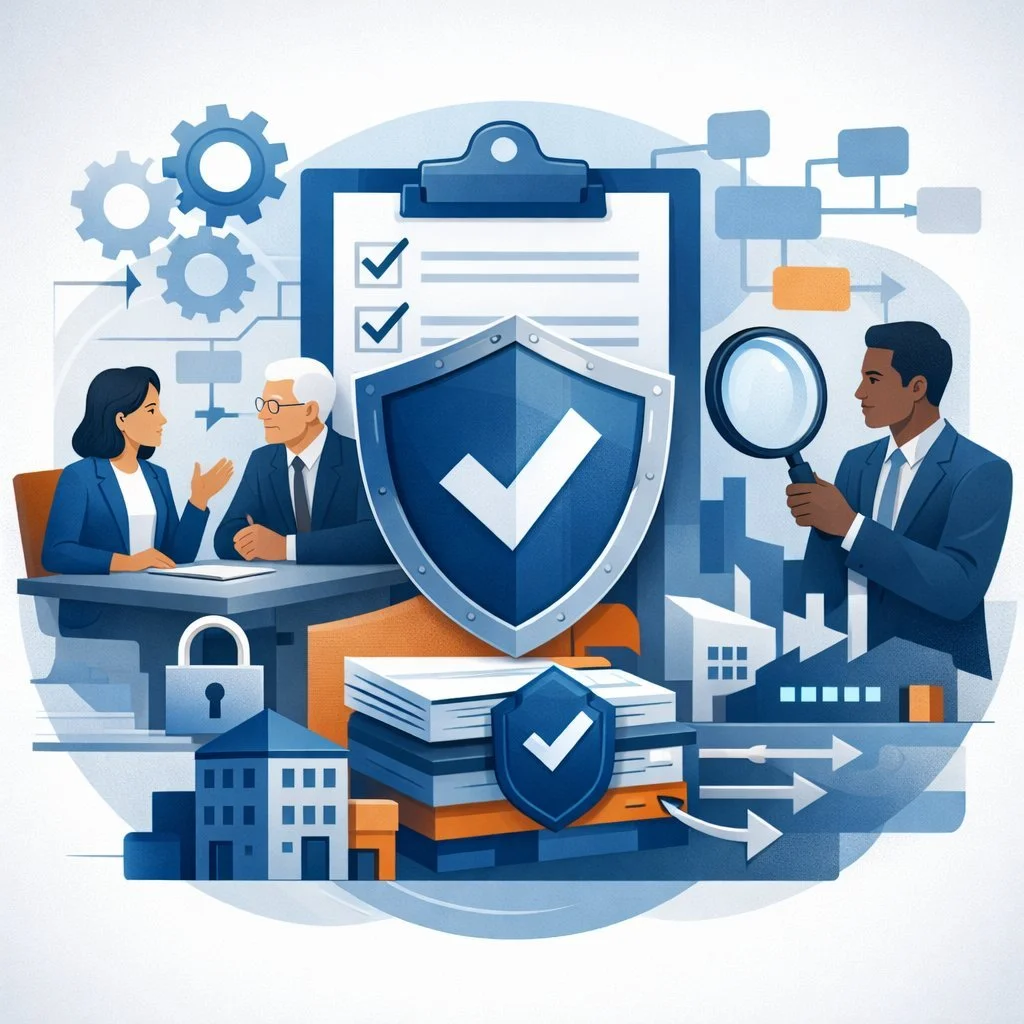 Digital illustration of a shield, checklist clipboard, gears, and auditors reviewing processes representing the ISO 9001 certification audit process and quality management system verification.
