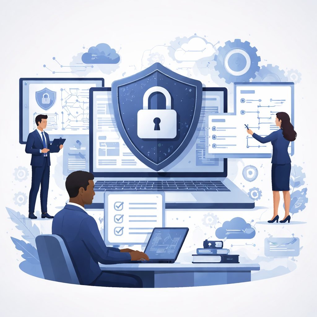 Digital illustration of professionals collaborating around a laptop with shield and lock symbol representing ISO 27001 training courses online and structured information security learning.