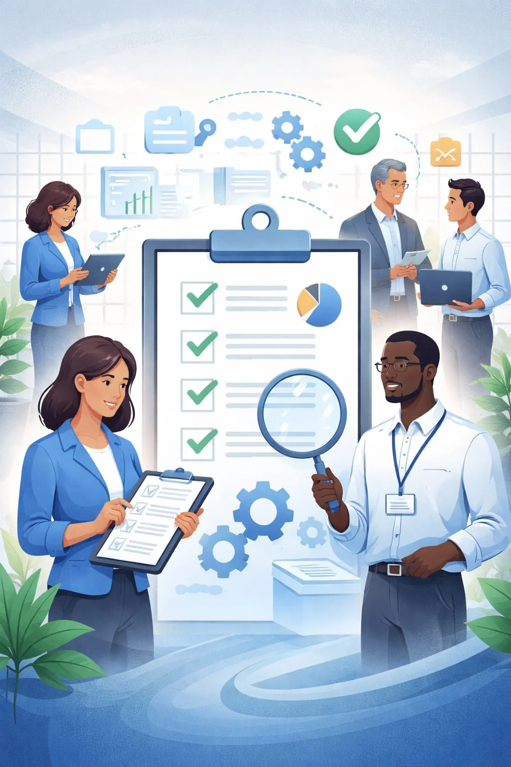 Internal auditor training illustration showing diverse professionals reviewing a clipboard checklist and magnifying glass over process documentation in a structured management system environment.