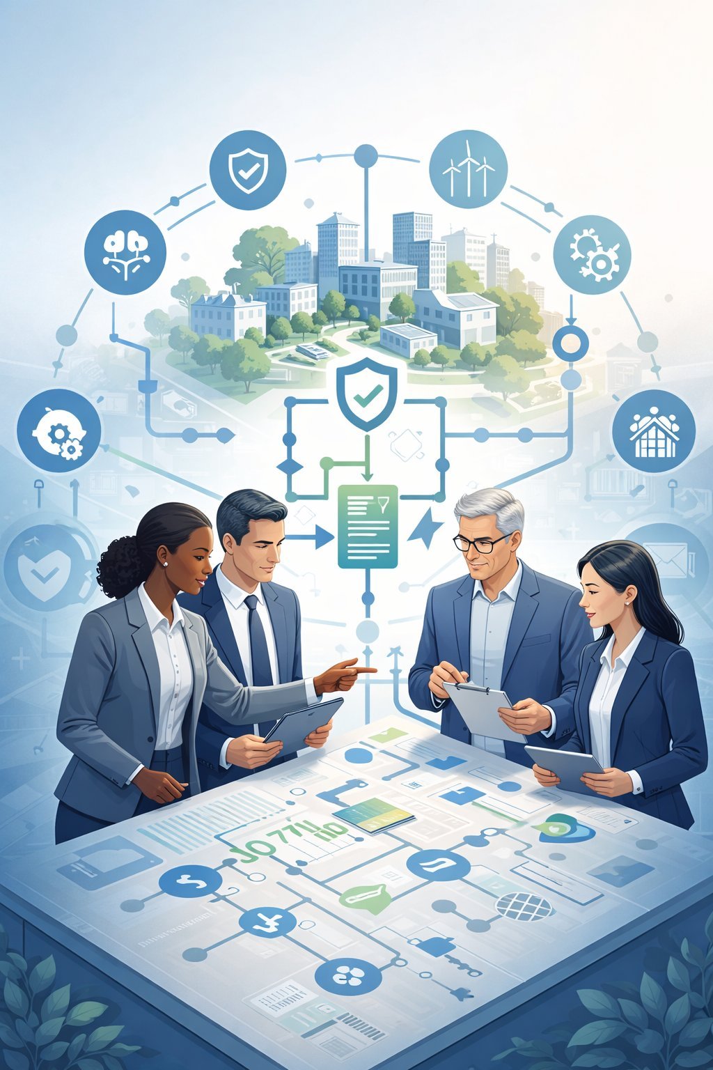Digital illustration of diverse professionals reviewing structured sustainability plans with smart city symbols representing ISO 37101 sustainable communities framework.