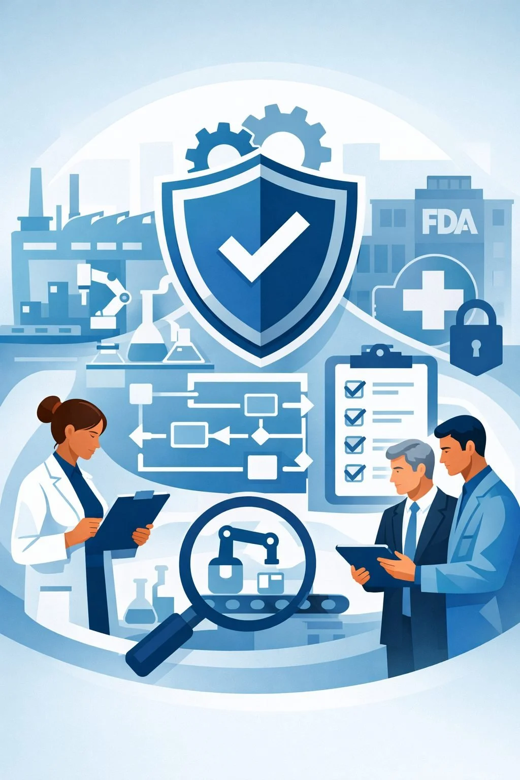 Digital illustration of a structured shield, checklist, and medical manufacturing symbols representing 21 CFR 820 FDA Quality System Regulation compliance and device quality controls.