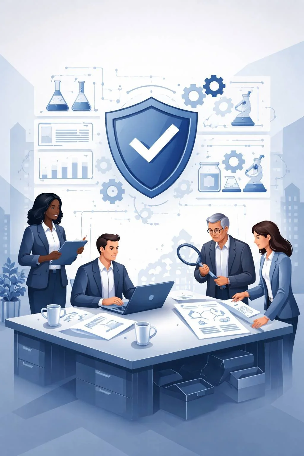 Digital illustration of consultants reviewing laboratory systems with shield validation symbol representing ISO 17025 consulting services and laboratory accreditation structure.