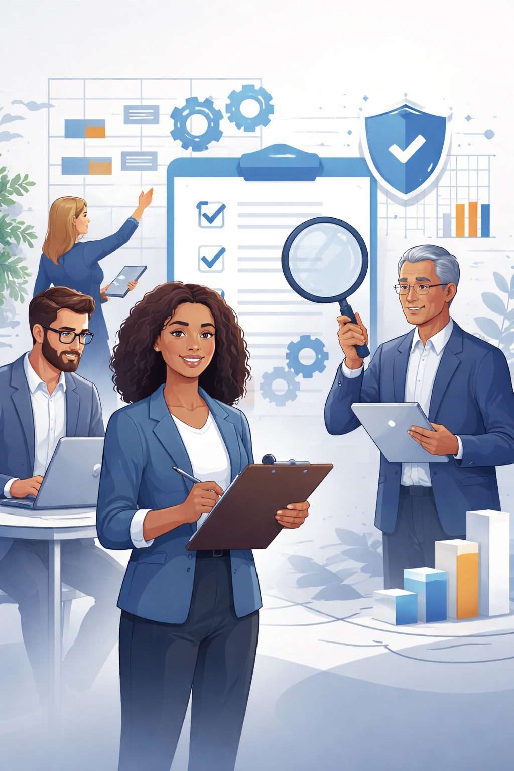 Diverse professional team conducting structured internal audit training with clipboard, magnifying glass, checklist board, and shield symbol representing auditor online course and ISO compliance education.