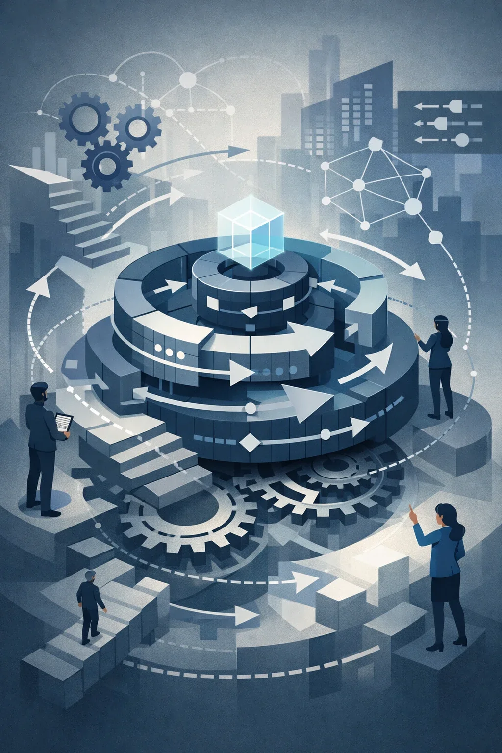 Structured digital illustration of layered systems, gears, and process flows guiding organizational change with abstract figures supporting transformation