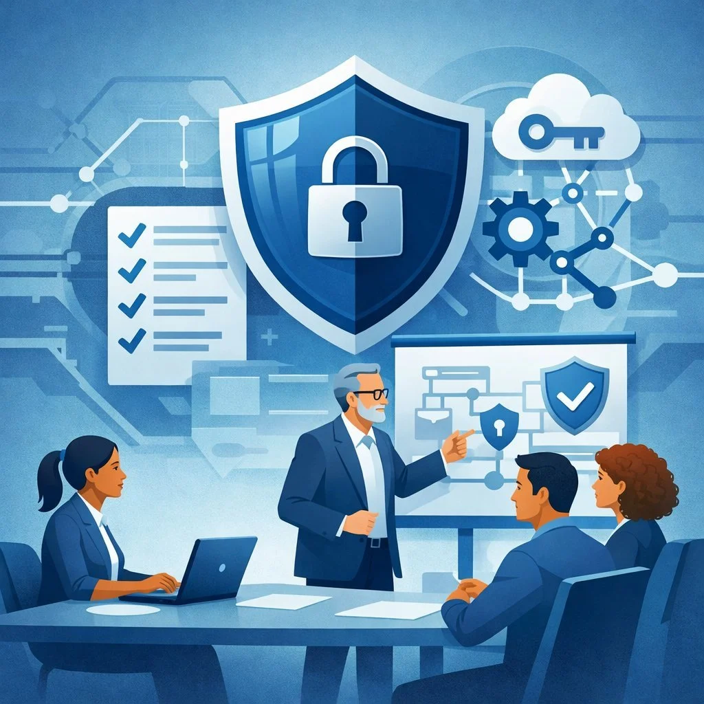 Digital illustration of professionals participating in structured ISO 27001 awareness training with security shield, network controls, and information security system symbols.
