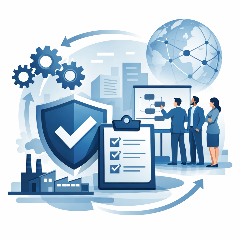 Digital illustration of shield, checklist clipboard, gears, and structured process flow representing organizations getting ISO 9001 certified.