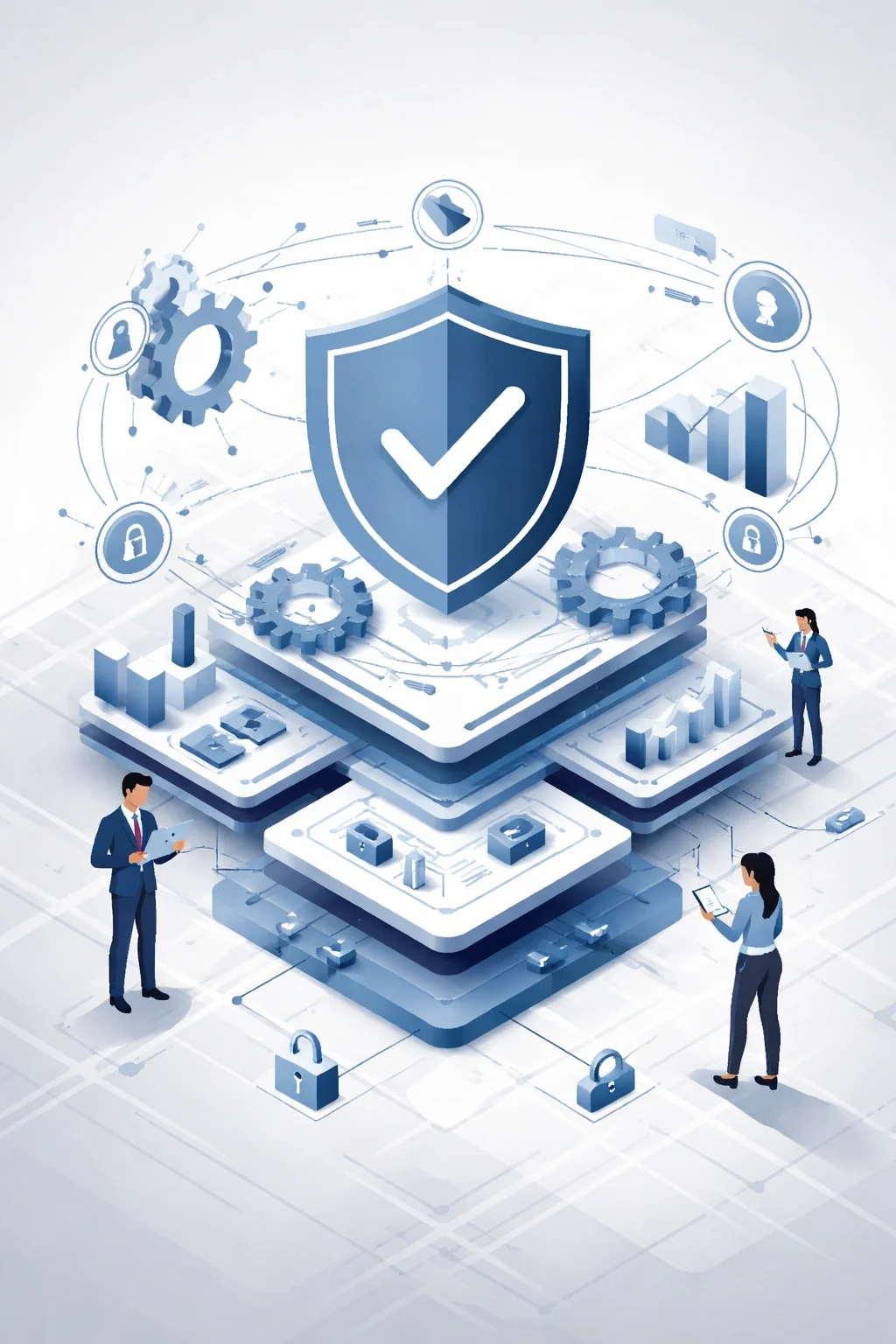 Structured governance system with layered controls, central validation shield, and interconnected processes illustrating oversight, risk, and accountability.