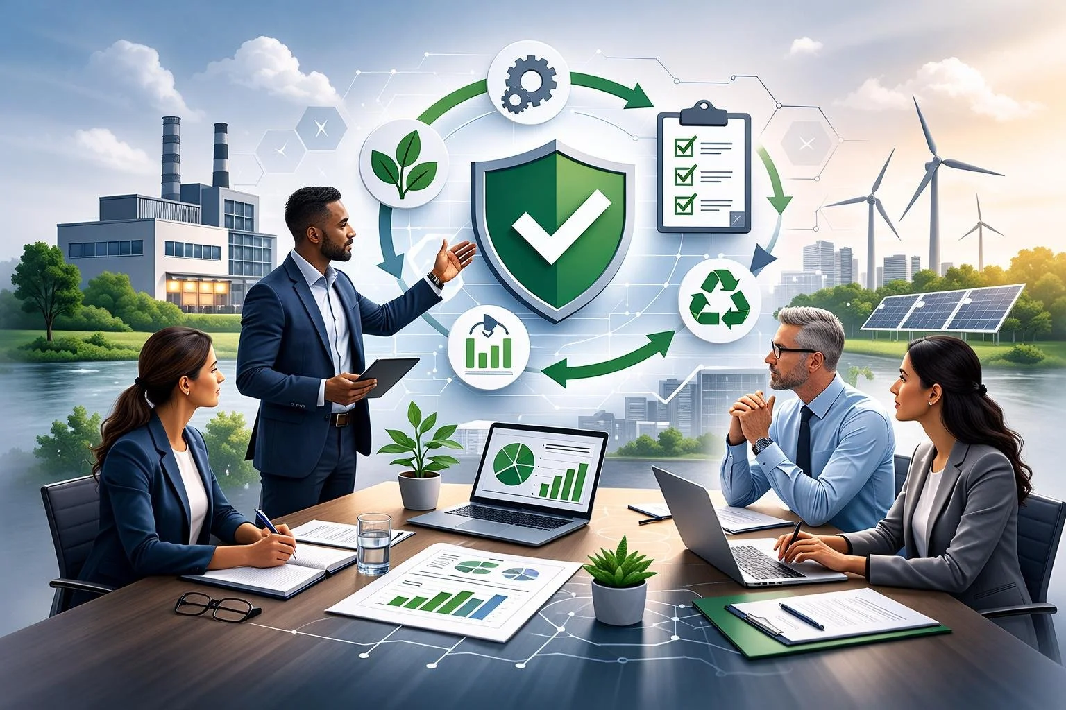 Digital illustration of professionals planning an environmental management system with shield, process arrows, renewable energy, and factory elements representing ISO 14001 implementation services.