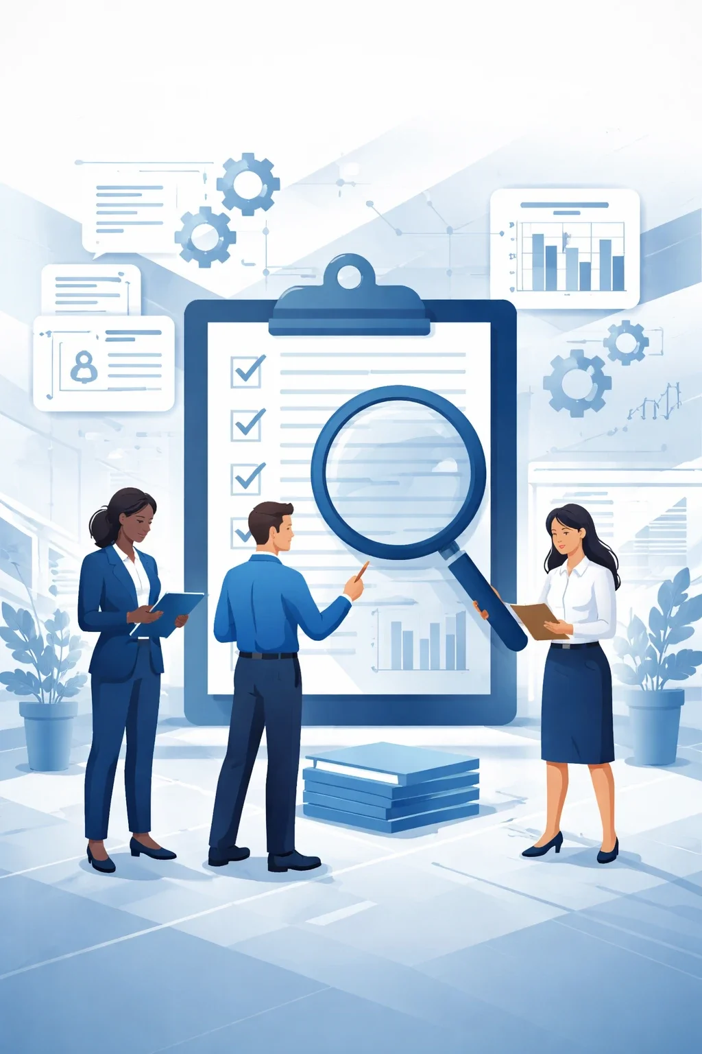 Digital illustration of professionals reviewing a large clipboard with a magnifying glass and process diagrams, representing structured internal audit and management system review.
