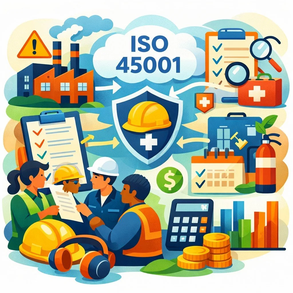 Cartoon illustration of diverse workers reviewing workplace safety documents with hard hats, safety shield, factory, checklist, and cost calculation symbols representing ISO 45001 certification cost and occupational health and safety management.