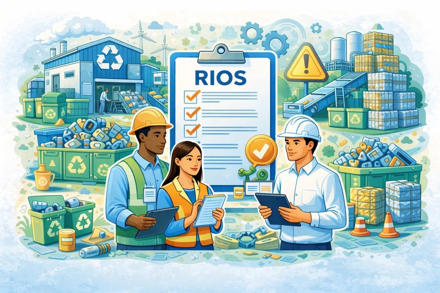 Recycling facility team reviewing RIOS certification checklist with sorting bins, baled materials, and industrial equipment in the background.
