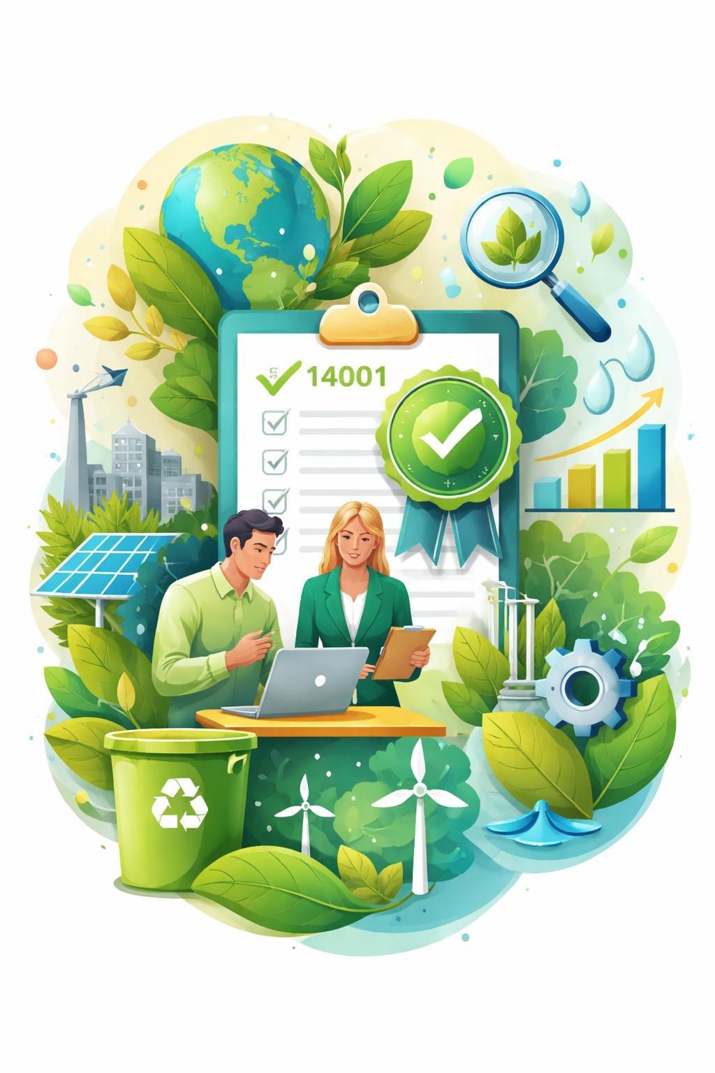 Illustration of two consultants reviewing environmental management documents with renewable energy icons, globe, leaves, recycling symbol, and certification badge representing ISO 14001 consulting.