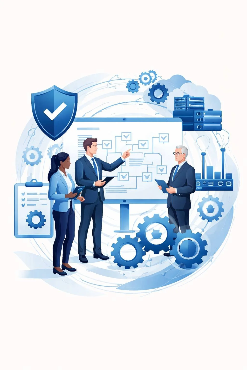 Digital illustration of diverse professionals planning a business continuity management system with structured workflow board, shield symbol, gears, and infrastructure elements representing BCMS implementation services.