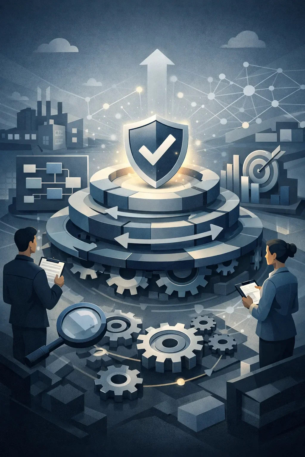 Abstract layered system with gears, shield checkmark, and process flows representing structured quality management and ISO 9001 system control