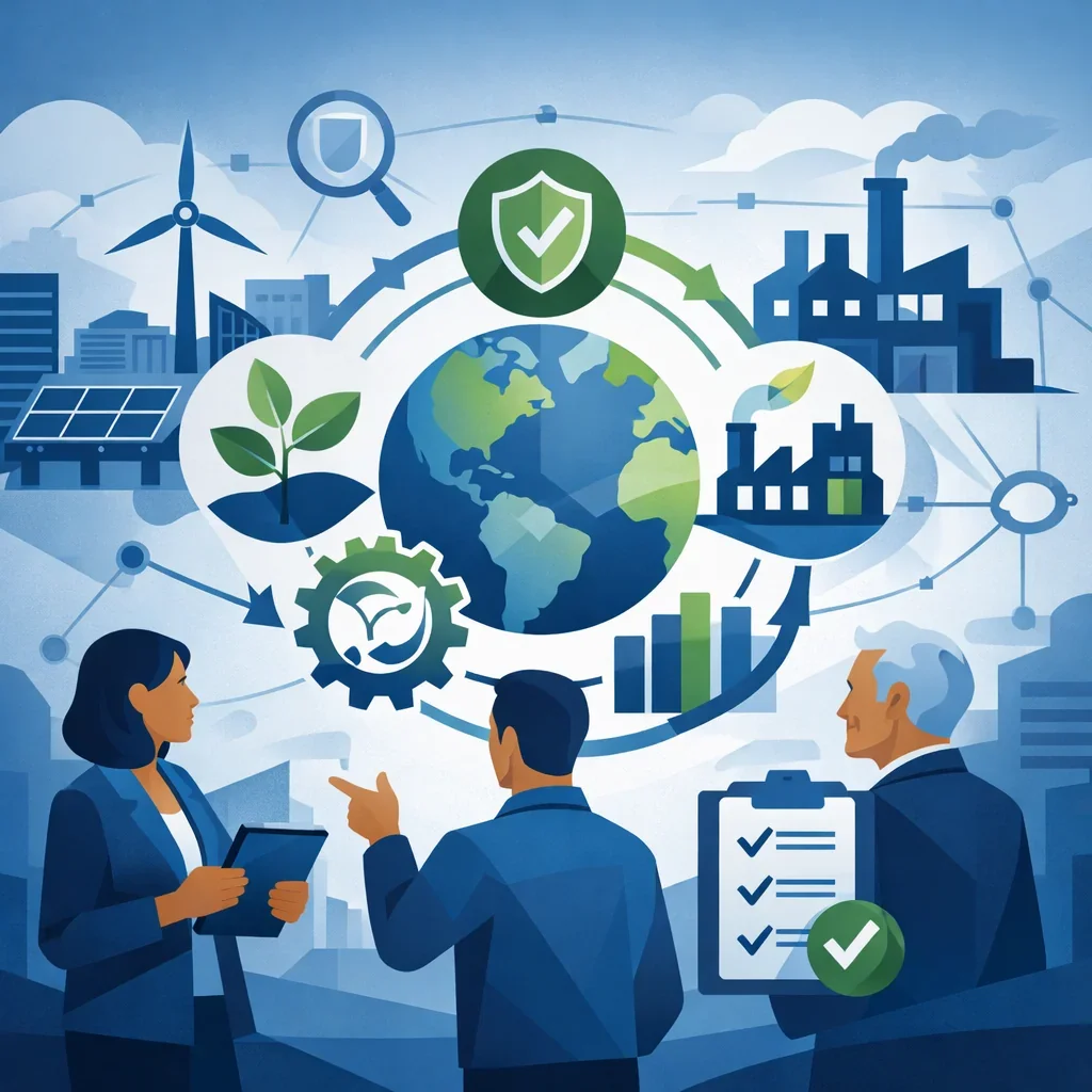 Digital illustration of sustainability consulting systems with globe, renewable energy, factories, governance shield, and process controls representing a sustainability consultant company.