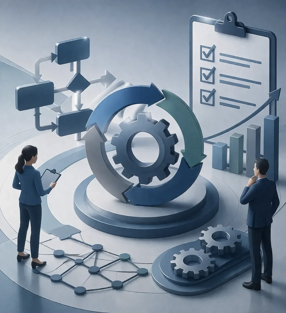 Abstract process improvement system with interlocking gears, circular workflow loops, and structured flow elements showing controlled operational refinement