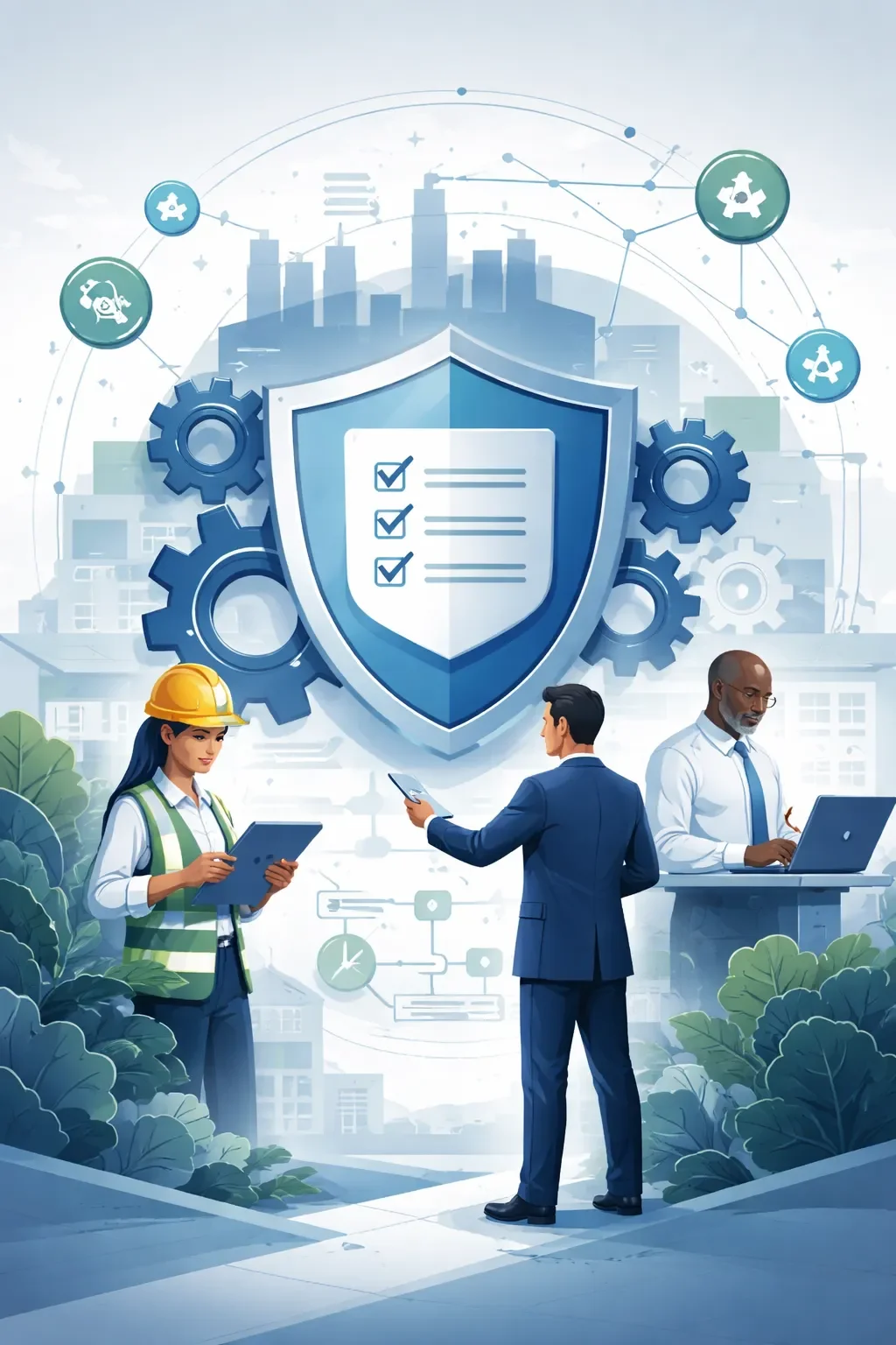 Digital illustration of a structured shield, gears, and professionals representing a safety management system with risk controls, audits, and operational safety governance.
