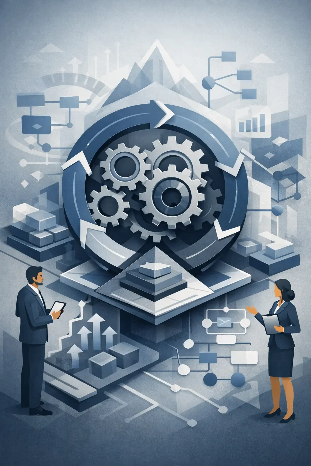 Structured change management system with interconnected gears, circular flow, and layered process elements with professionals observing system alignment
