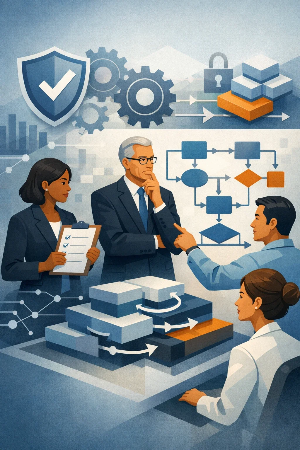 Digital illustration of consultants reviewing vendor risk controls with shield, lock, and structured workflow diagrams representing Third Party Risk Management governance.