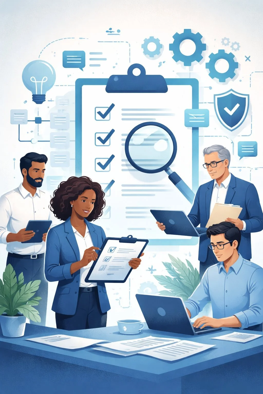 Diverse team of internal auditors reviewing compliance checklist with magnifying glass and shield symbols representing audit qualifications and ISO internal audit competence in a professional management systems environment.