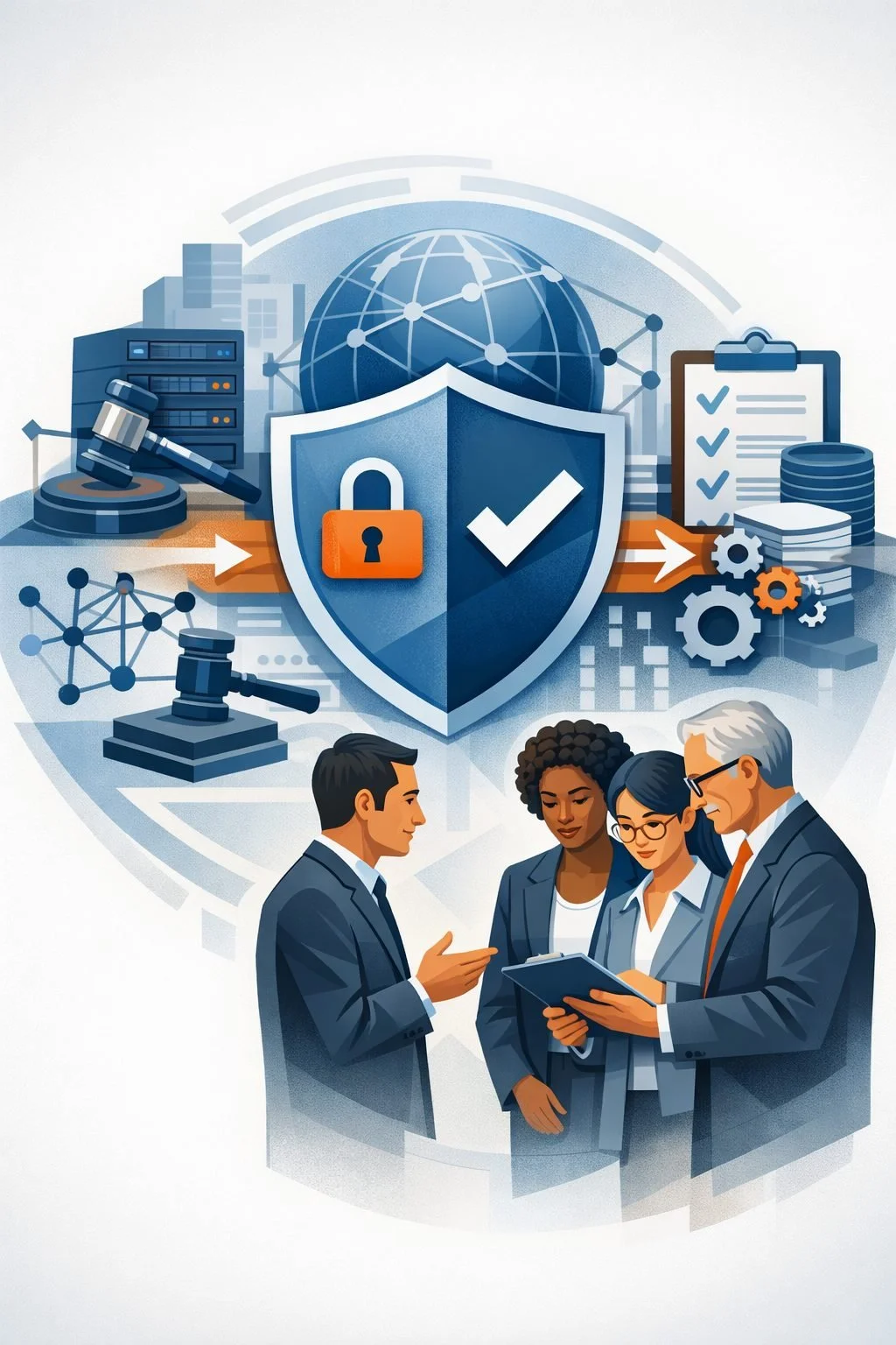 Digital illustration of a shield with lock and checkmark surrounded by network nodes, audit tools, and consulting professionals representing Integrated ISO 27001 GDPR compliance governance.