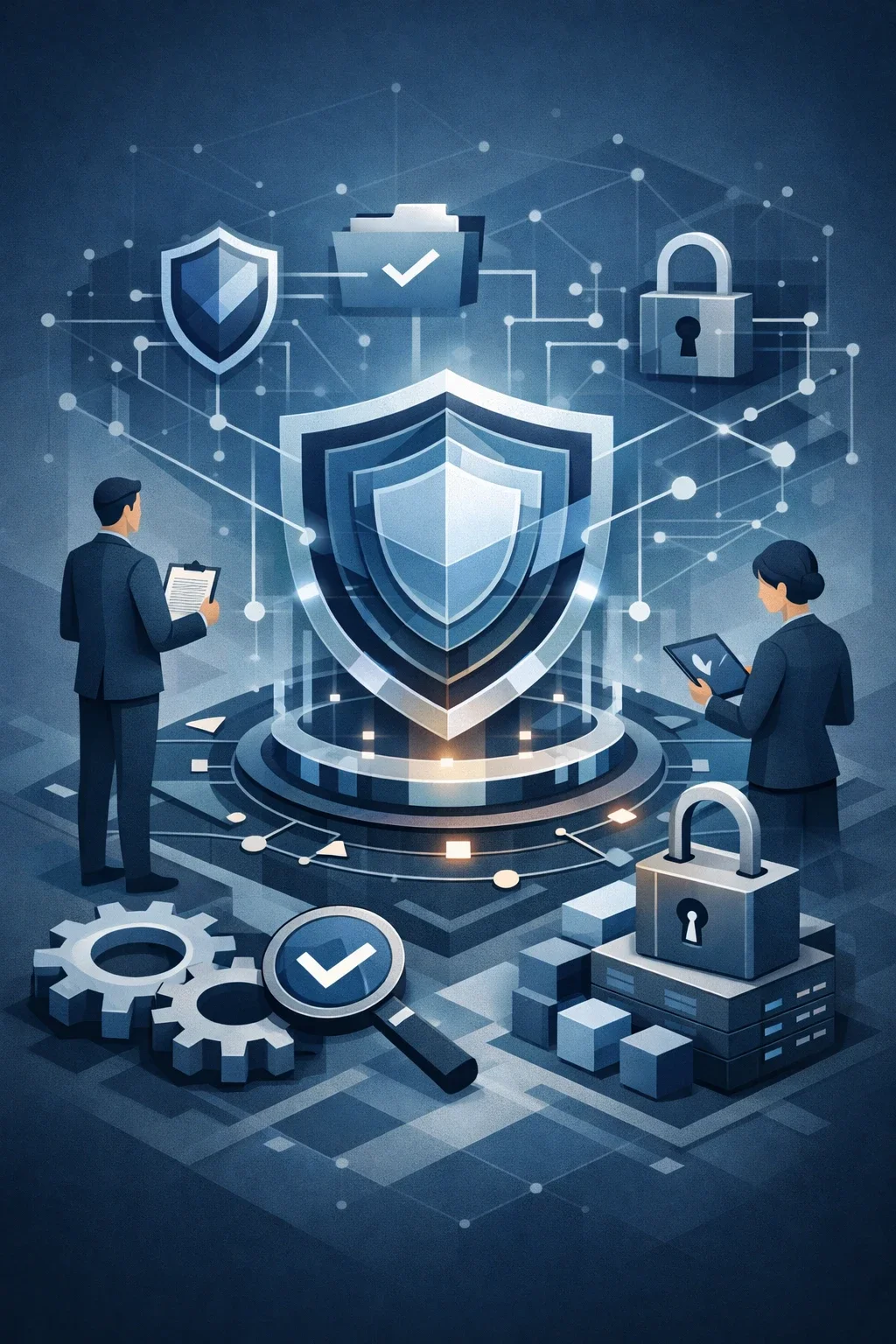 Layered cybersecurity system with central shield, interconnected controls, audit elements, and structured network representing CMMC compliance
