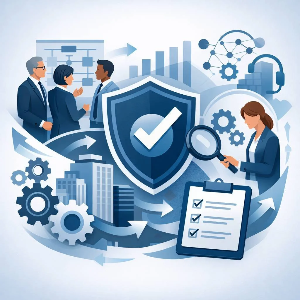 Digital illustration of a shield with checkmark, consulting professionals, and process symbols representing ISO 9001 quality management for service companies.