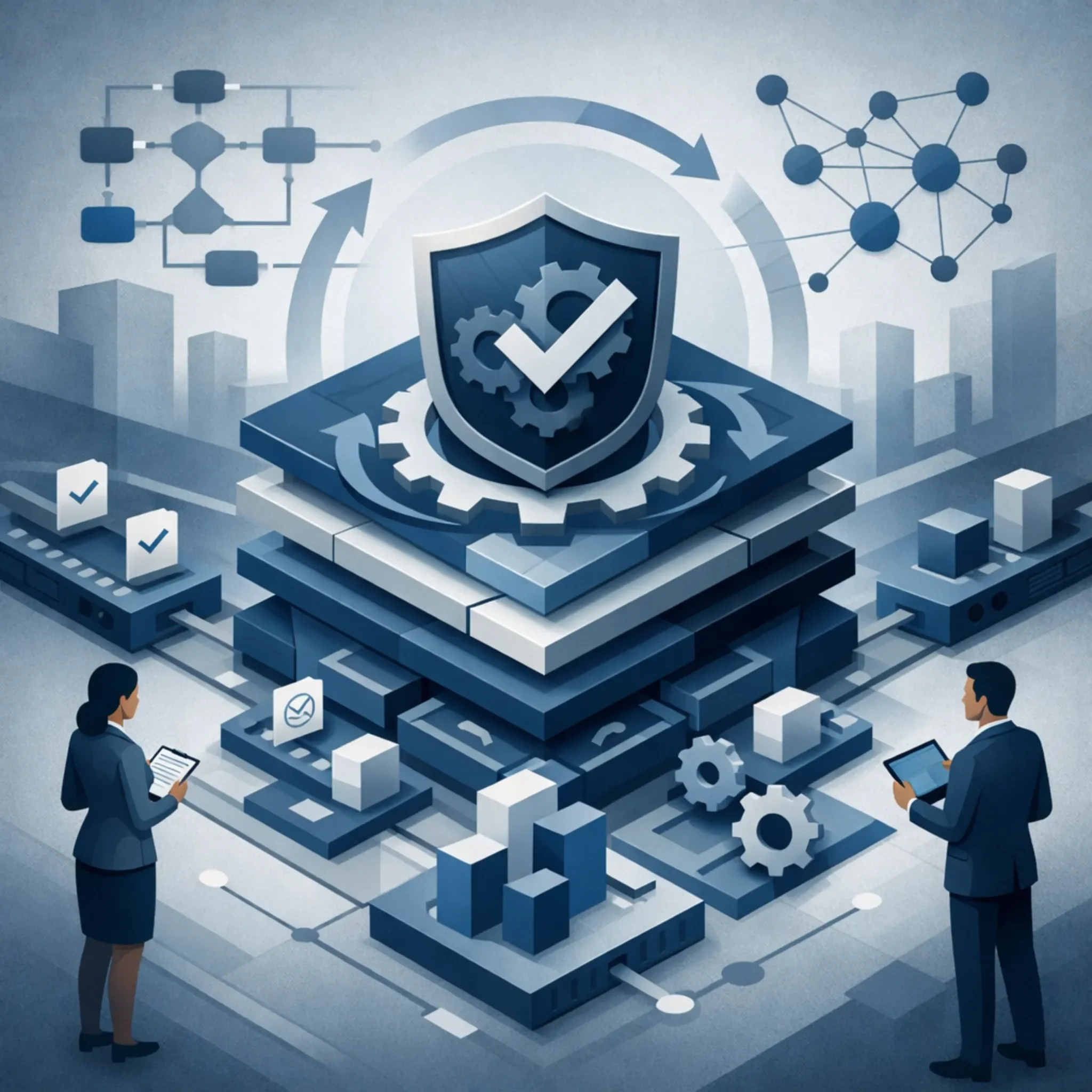 Structured BPM system illustration with layered architecture, gears, validation shield, and interconnected workflows representing controlled operations
