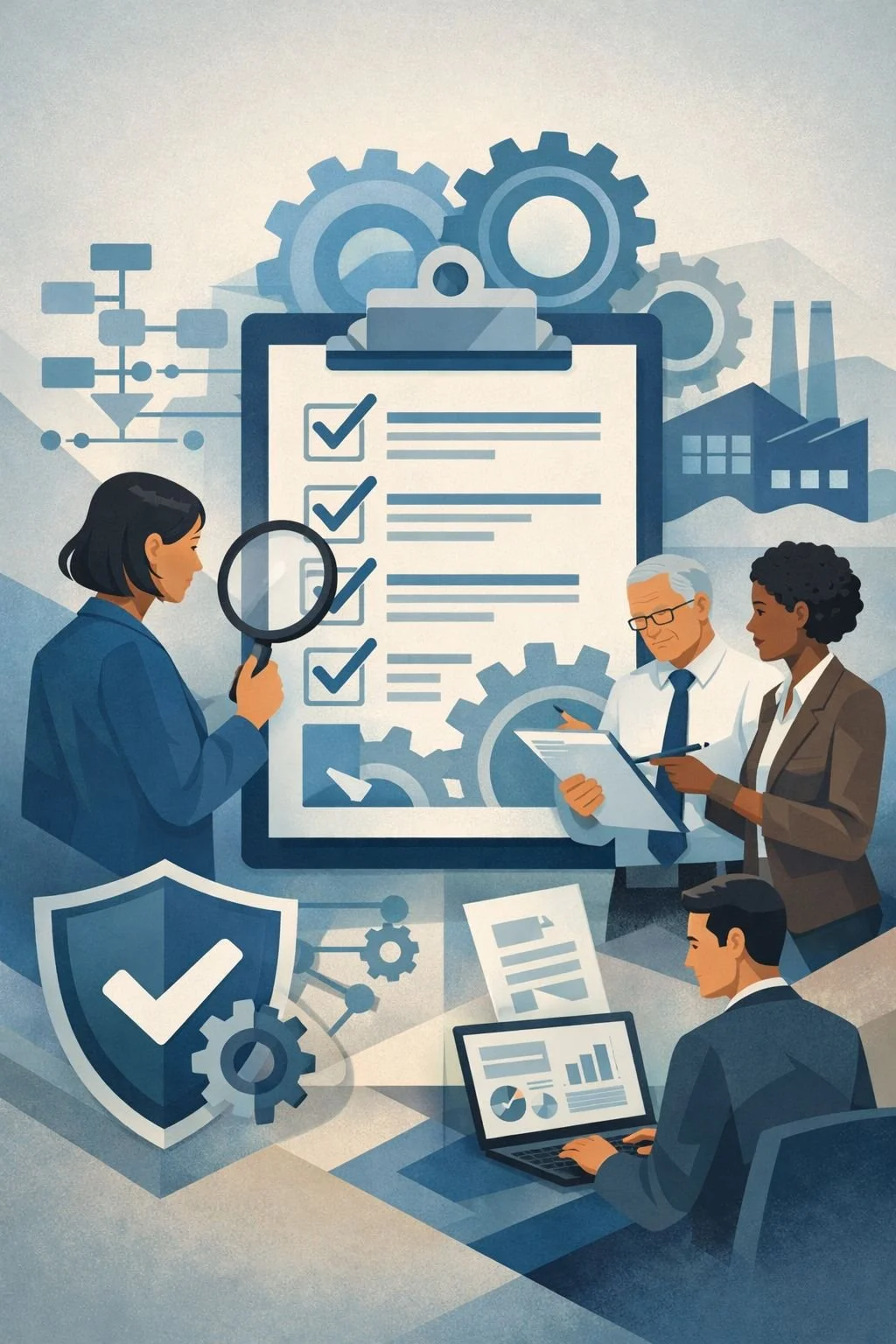 Digital illustration of professionals reviewing a structured audit checklist with gears and process diagrams representing ISO 9001 internal audit questions and quality management evaluation.