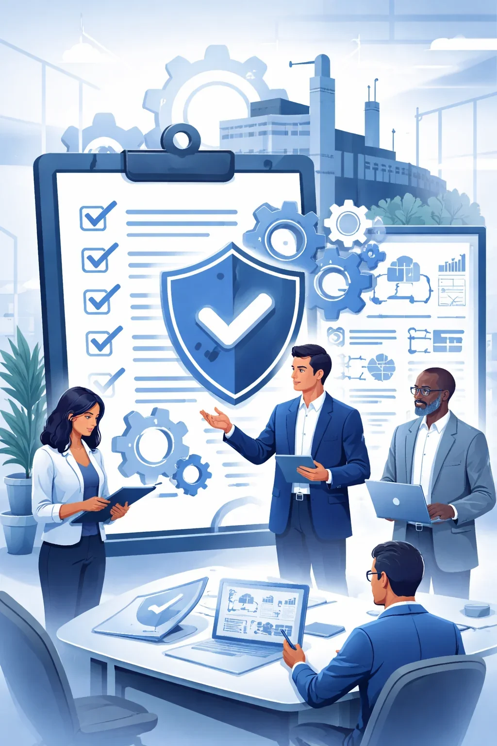 Digital illustration of consultants reviewing a structured quality checklist with shield and gears representing ISO 9001 consulting services and quality management systems.