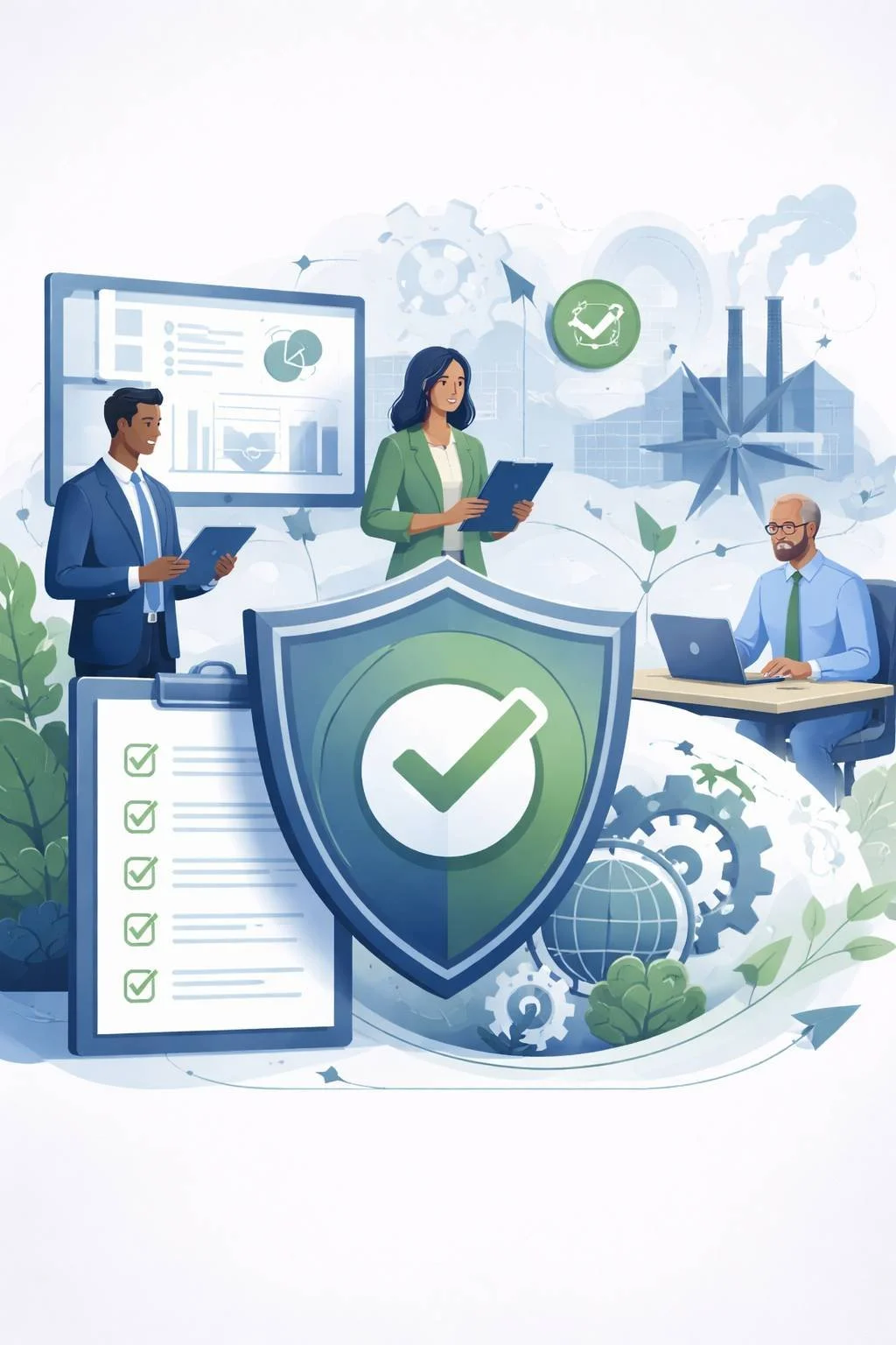 Digital illustration of professionals reviewing environmental management systems with shield and checklist symbolizing ISO 14001 certification cost evaluation.